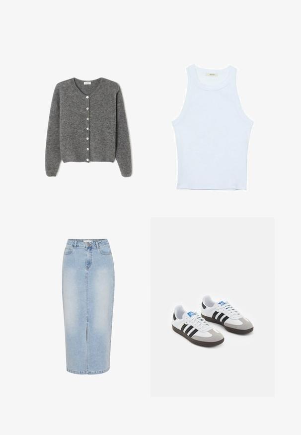 Šedý vlněný kardigan s kulatým výstřihem, který má sedm předních knoflíků a měkký, texturovaný povrch. Rukávy jsou mírně volné.; Bílý top bez rukávů, žebrovaná textura, kulatý výstřih, obtáhnutý střih, decentní značka na štítku uvnitř oblasti límce.; Světle modrá džínová midi sukně se rovnoměrným střihem, předním rozparkem a viditelným švem. Obsahuje knoflíkové zapínání a poutka na opasek.; Sportovní boty s bílým koženým svrškem, šedou semišovou špičkou a třemi černými pruhy. Obsahují modré logo na jazyku a texturovanou gumovou podrážku.