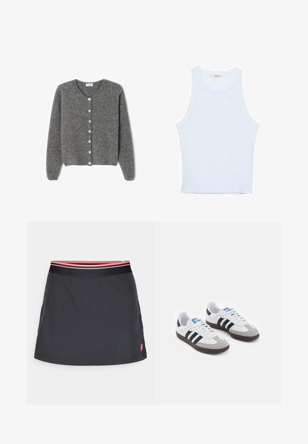 Gray wool cardigan with a round neckline, featuring seven front buttons and a soft, textured finish. Sleeves are slightly loose.; White tank top, ribbed texture, round neckline, sleeveless design, fitted shape, subtle branding on the label inside the collar area.; Black skirt with a fitted waistband featuring pink and white stripes. Made from lightweight material, with a subtle sheen and slight A-line shape.; Sport shoes with a white leather upper, gray suede toe, and three black stripes. Features a blue logo on the tongue and a textured rubber sole.