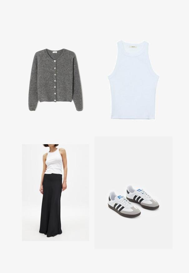 Grau gestrickte Wolle-Cardigan mit rundem Ausschnitt, ausgestattet mit sieben Vorderknöpfen und einer weichen, strukturierten Oberfläche. Die Ärmel sind leicht weit.; Weißes Tanktop, gerippte Textur, runder Ausschnitt, ärmelloses Design, enganliegende Form, dezente Markenkennzeichnung im Etikett im Kragenbereich.; Schwarzer, knöchellanger Rock aus glattem Stoff, mit tailliertem Schnitt und leicht ausgestelltem Saum. Getragen mit einem weißen Tanktop.; Sportschuhe mit einem Obermaterial aus weißem Leder, grauer Wildleder-Zehenkappe und drei schwarzen Streifen. Sie verfügen über ein blaues Logo auf der Zunge und eine strukturierte Gummisohle.