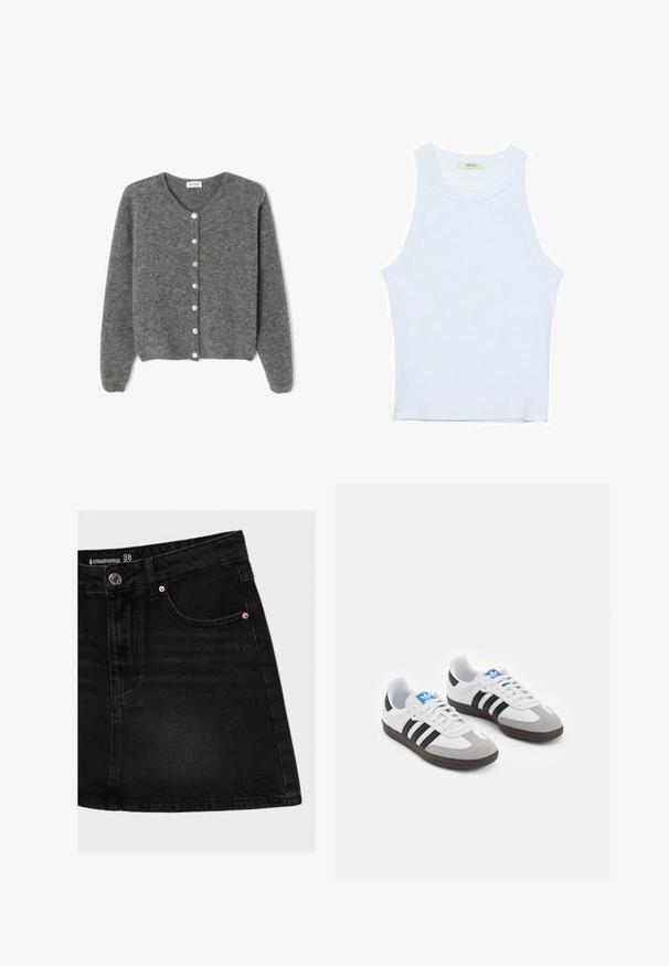 Šedý vlněný kardigan s kulatým výstřihem, který má sedm předních knoflíků a měkký, texturovaný povrch. Rukávy jsou mírně volné.; Bílý top bez rukávů, žebrovaná textura, kulatý výstřih, obtáhnutý střih, decentní značka na štítku uvnitř oblasti límce.; Černá džínová sukně s vysokým pasem, obsahující přední kapsu, měděné nýty a rovný střih. Tkanina má hladkou texturu.; Sportovní boty s bílým koženým svrškem, šedou semišovou špičkou a třemi černými pruhy. Obsahují modré logo na jazyku a texturovanou gumovou podrážku.