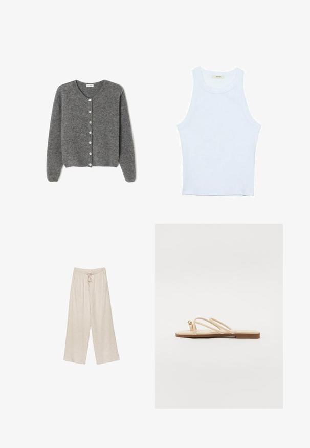 Grijze wollen cardigan met een ronde halslijn, voorzien van zeven knopen aan de voorkant en een zachte, gestructureerde afwerking. De mouwen zijn iets los.; Witte tanktop, geribbelde textuur, ronde halslijn, mouwloos ontwerp, aansluitende vorm, subtiele branding op het label binnenin de kraag.; Beige linnen wijde broek met een trekkoord in de taille, twee zijzakken en een licht gestructureerde stof voor ademend vermogen en comfort.; Beige platte sandalen met drie dunne bandjes en een kleine afgeronde gouden accent. Gladde materialen met een minimalistisch ontwerp en een tan zool.