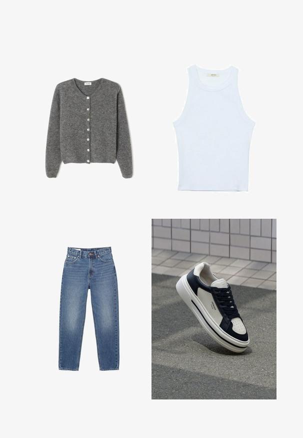 Šedý vlněný kardigan s kulatým výstřihem, který má sedm předních knoflíků a měkký, texturovaný povrch. Rukávy jsou mírně volné.; Bílý top bez rukávů, žebrovaná textura, kulatý výstřih, obtáhnutý střih, decentní značka na štítku uvnitř oblasti límce.; Světle modré džínové kalhoty s vysokým pasem, rovně střižené, pěti kapsami a oranžovými vyšívanými detaily. Ošuntělý vzhled na přední části.; Bílé a námořnické kožené tenisky s perforovanou špičkou, šněrováním a texturovanou gumovou podrážkou, s logem na boku.