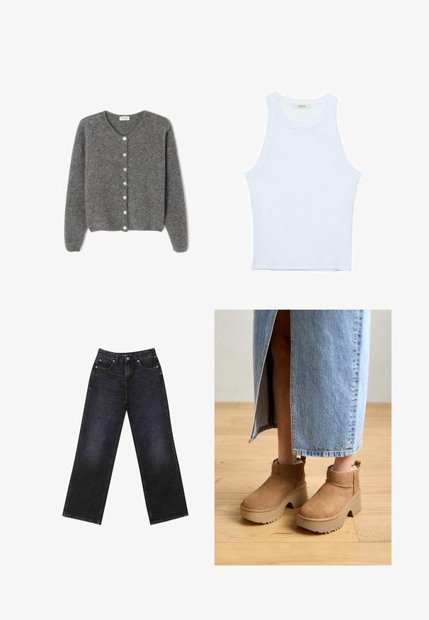 Šedý vlněný kardigan s kulatým výstřihem, který má sedm předních knoflíků a měkký, texturovaný povrch. Rukávy jsou mírně volné.; Bílý top bez rukávů, žebrovaná textura, kulatý výstřih, obtáhnutý střih, decentní značka na štítku uvnitř oblasti límce.; Černé džíny s vysokým pasem a širokým střihem, pět kapsami a viditelným švem. Materiál má hladký, mírně strukturovaný povrch.; Hnědé semišové kotníkové boty s tlustou béžovou platformou. Mají zaoblenou špičku, krátký pás a měkkou podšívku pro pohodlí.
