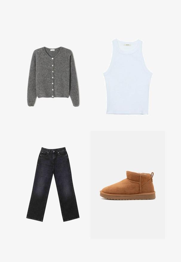 Sivi vuneni kardigan s okruglim izrezom, sa sedam prednjih dugmadi i mekim, teksturiranim završetkom. Rukavi su blago široki.; Bijela majica na bretele, rebrasta tekstura, okrugli izrez, bez rukava, uski kroj, suptilno brendiranje na etiketici unutar područja ovratnika.; Crne traperice visokog struka s širokim nogavicama, dizajn s pet džepova i vidljivim šavovima. Tkanina ima glatku, blago teksturiranu završnu obradu.; Call it Spring JAMIELEE - Zimske čizme - camel