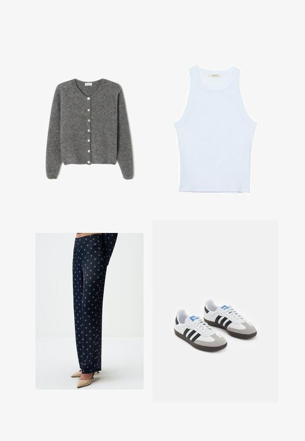 Grau gestrickte Wolle-Cardigan mit rundem Ausschnitt, ausgestattet mit sieben Vorderknöpfen und einer weichen, strukturierten Oberfläche. Die Ärmel sind leicht weit.; Weißes Tanktop, gerippte Textur, runder Ausschnitt, ärmelloses Design, enganliegende Form, dezente Markenkennzeichnung im Etikett im Kragenbereich.; Marineblaue, gemusterte Hosen mit glatter Textur, die ein geometrisches Design in hellen Farben aufweisen. Kombiniert mit nudefarbenen High Heels.; Sportschuhe mit einem Obermaterial aus weißem Leder, grauer Wildleder-Zehenkappe und drei schwarzen Streifen. Sie verfügen über ein blaues Logo auf der Zunge und eine strukturierte Gummisohle.