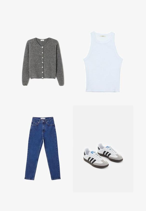 Sivi vuneni kardigan s okruglim izrezom, sa sedam prednjih dugmadi i mekim, teksturiranim završetkom. Rukavi su blago široki.; Bijela majica na bretele, rebrasta tekstura, okrugli izrez, bez rukava, uski kroj, suptilno brendiranje na etiketici unutar područja ovratnika.; Jeans s visokim strukom od traperice, s ravnim nogavicama, prednjim džepovima i suptilnom izblijedjelom teksturom.; Sportske cipele s gornjištem od bijele kože, sivi suedinasti nos i tri crne pruge. Imaju plavi logo na jeziku i teksturiranu gumenu podlogu.