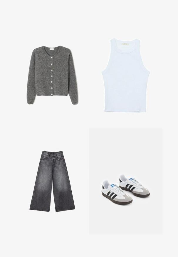 Harmaa villaneule, jossa on pyöreä kaula-aukko, seitsemällä etunapilla ja pehmeällä, teksturoidulla pinnalla. Hihat ovat hieman löysät.; Valkoinen hihaton toppi, ribbed rakenne, pyöreä pääntie, hihaton malli, tiukka muoto, hillitty brändäys kauluksella sisäpuolella.; Laineet mustat kuluneet farkut, joissa on etutaskut, kupariset niitit, vyölenkit ja pieni tähti-yksityiskohta oikeassa taskussa.; Urheilukengät, joissa on valkoinen nahkainen päällinen, harmaa mokkanokka ja kolme mustaa raitaa. Ominaisuuksina sininen logo kielekkeessä ja kuvioitu kumipohja.