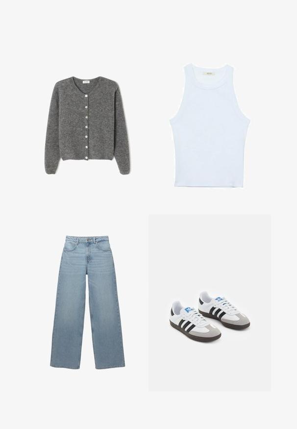 Szary wełniany kardigan z okrągłym dekoltem, z siedmioma guzikami z przodu i miękkim, teksturowanym wykończeniem. Rękawy są nieco luźne.; Biały top bez rękawów, prążkowana tekstura, okrągły dekolt, dopasowany krój, subtelne logo na metce wewnątrz obszaru kołnierza.; Jasnoniebieskie dżinsy o szerokich nogawkach wykonane z denimu bawełnianego, z pięcioma kieszeniami, zapięciem na guzik z przodu oraz minimalnym przetarciem na krawędzi.; Buty sportowe z białą skórzaną cholewką, szarym zamszowym noskiem i trzema czarnymi paskami. Posiadają niebieskie logo na języku oraz teksturowaną gumową podeszwę.