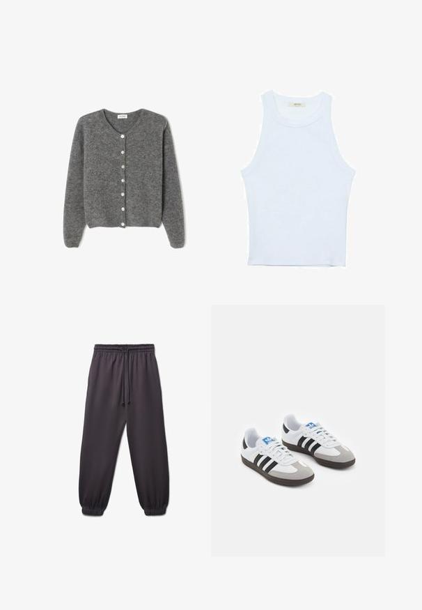 Grau gestrickte Wolle-Cardigan mit rundem Ausschnitt, ausgestattet mit sieben Vorderknöpfen und einer weichen, strukturierten Oberfläche. Die Ärmel sind leicht weit.; Weißes Tanktop, gerippte Textur, runder Ausschnitt, ärmelloses Design, enganliegende Form, dezente Markenkennzeichnung im Etikett im Kragenbereich.; Dunkelgraue Jogginghosen mit einem elastischen Bund, verstellbarem Kordelzug und elastischen Bündchen an den Knöcheln. Glatte Stofftextur ohne Muster.; Sportschuhe mit einem Obermaterial aus weißem Leder, grauer Wildleder-Zehenkappe und drei schwarzen Streifen. Sie verfügen über ein blaues Logo auf der Zunge und eine strukturierte Gummisohle.