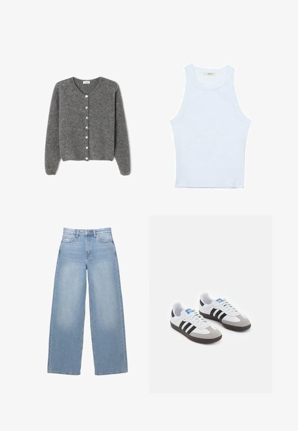 Sivkasta volnenega kardigana z okroglim izrezom, ki ima sedem sprednjih gumbov in mehak, teksturiran zaključek. Rokavi so nekoliko ohlapni.; Bela majica bez rukavov, rebrasta tekstura, okrugli izrez, kroj koji prati tijelo, suptilno brendiranje na etiketi unutar ovratnika.; Svijetloplave, široke traperice napravljene od denima. Imaju visoki struk, prednje džepove i zakopčavanje na dugme. Glatka tekstura s blagim izbljedjivanjem.; Športni čevlji z belim usnjenim zgornjim delom, sivim semišem na prstih in tremi črnimi črtami. Imajo modro logo na jeziku in teksturiran gumijast podplat.
