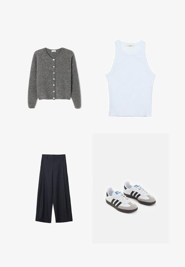 Szary wełniany kardigan z okrągłym dekoltem, z siedmioma guzikami z przodu i miękkim, teksturowanym wykończeniem. Rękawy są nieco luźne.; Biały top bez rękawów, prążkowana tekstura, okrągły dekolt, dopasowany krój, subtelne logo na metce wewnątrz obszaru kołnierza.; Szerokie spodnie w granatowym materiale z pionowymi białymi paskami, z zapięciem na guziki i bocznymi kieszeniami, gładka tekstura, dopasowany krój.; Buty sportowe z białą skórzaną cholewką, szarym zamszowym noskiem i trzema czarnymi paskami. Posiadają niebieskie logo na języku oraz teksturowaną gumową podeszwę.