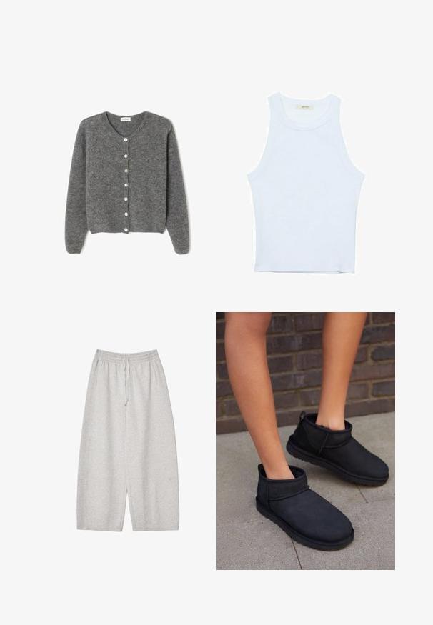 Harmaa villaneule, jossa on pyöreä kaula-aukko, seitsemällä etunapilla ja pehmeällä, teksturoidulla pinnalla. Hihat ovat hieman löysät.; Valkoinen hihaton toppi, ribbed rakenne, pyöreä pääntie, hihaton malli, tiukka muoto, hillitty brändäys kauluksella sisäpuolella.; Harmaat verkkarit, joissa on joustava vyötärönauha ja nyöritys, löysä istuvuus ja sileä rakenne, ideaalinen mukavuuteen ja rentoon pukeutumiseen.; Mustat nilkkurit, jotka on valmistettu sametista ja joissa on pehmeä sisävuori. Niissä on pyöreä kärki ja litteä, teksturoidulla pohjalla.