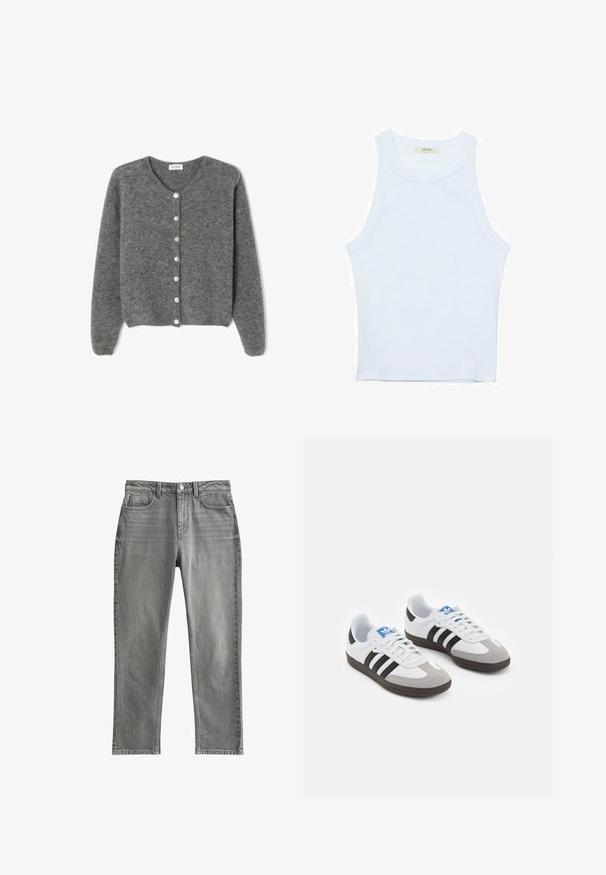 Grå ullcardigan med rund halsringning, som har sju framknappar och en mjuk, strukturerad yta. Ärmarna är något lösa.; Vit linne med ribbat mönster, rund halsringning, ärmlös design, figurnära passform, diskret logotyp på etiketten inuti halsringningen.; Grå denimjeans med rak passform, femfickorsdesign, knappstängning och subtil struktur; inga synliga mönster eller utsmyckningar.; Sportskor med överdel i vit läder, grå mocka på tårna och tre svarta ränder. Har en blå logotyp på tungan och en texturerad gummisula.