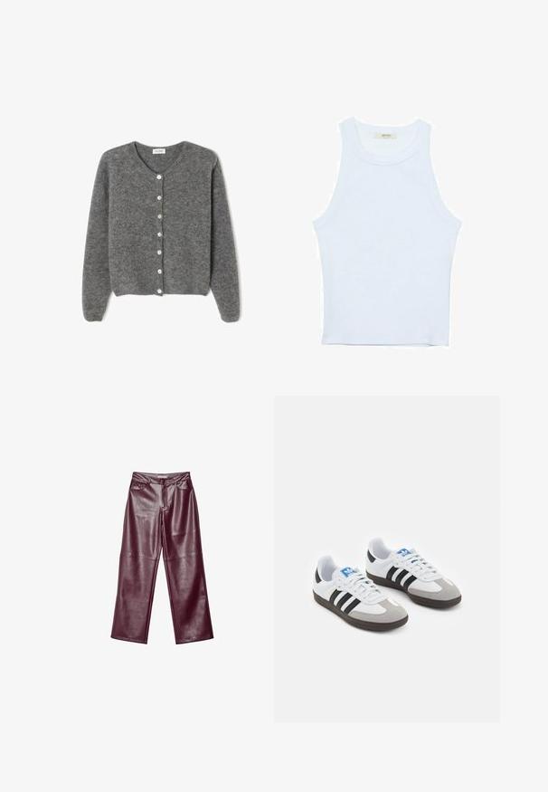Grå uld cardigan med rund hals, prydet med syv knapper foran og en blød, tekstureret overflade. Ærmerne er en smule løse.; Hvid tanktop, ribbet tekstur, rund halsudskæring, ærmeløs design, tætsiddende form, diskret branding på mærket inden i kraveområdet.; Burgunderfarvede læderbukser med brede ben og en glat tekstur, der har lynlås, forlommer og en skræddersyet pasform.; Sportsko med en overdel i hvid læder, grå ruskind på tåen og tre sorte striber. Har et blåt logo på tungen og en struktureret gummisål.