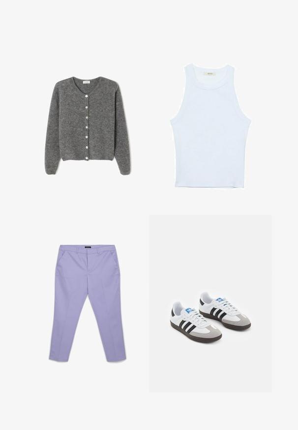 Cardigan grigio in lana con scollo rotondo, caratterizzato da sette bottoni frontali e una finitura morbida e testurizzata. Le maniche sono leggermente ampie.; Canotta bianca, texture a coste, scollatura rotonda, design senza maniche, forma aderente, branding sottile sull'etichetta all'interno dell'area del colletto.; Pantaloni lilla realizzati in tessuto morbido, caratterizzati da una vestibilità slim, due tasche frontali e una vita pulita con chiusura nascosta.; Scarpe sportive con tomaia in pelle bianca, punta in suede grigia e tre strisce nere. Presentano un logo blu sulla linguetta e una suola in gomma testurizzata.