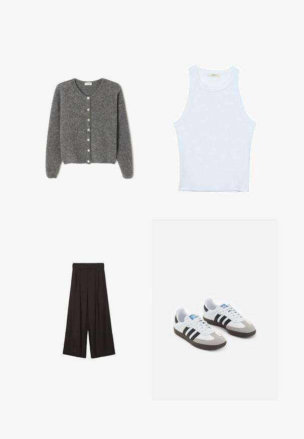Sivi vuneni kardigan s okruglim izrezom, sa sedam prednjih dugmadi i mekim, teksturiranim završetkom. Rukavi su blago široki.; Bijela majica na bretele, rebrasta tekstura, okrugli izrez, bez rukava, uski kroj, suptilno brendiranje na etiketici unutar područja ovratnika.; Crne široke hlače s naboranim prednjim dijelom, izrađene od glatkog materijala. Imaju visoki struk i opušten, lepršav siluetu.; Sportske cipele s gornjištem od bijele kože, sivi suedinasti nos i tri crne pruge. Imaju plavi logo na jeziku i teksturiranu gumenu podlogu.