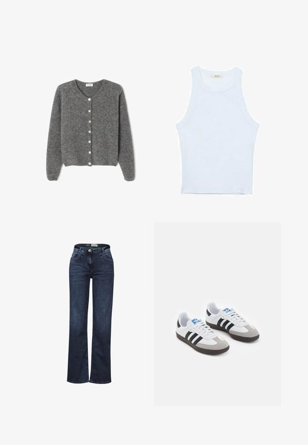 Szary wełniany kardigan z okrągłym dekoltem, z siedmioma guzikami z przodu i miękkim, teksturowanym wykończeniem. Rękawy są nieco luźne.; Biały top bez rękawów, prążkowana tekstura, okrągły dekolt, dopasowany krój, subtelne logo na metce wewnątrz obszaru kołnierza.; Granatowe dżinsy o rozszerzanym kroju, z przednimi kieszeniami, zapięciem na guzik i zamek oraz kontrastowymi przeszyciami.; Buty sportowe z białą skórzaną cholewką, szarym zamszowym noskiem i trzema czarnymi paskami. Posiadają niebieskie logo na języku oraz teksturowaną gumową podeszwę.