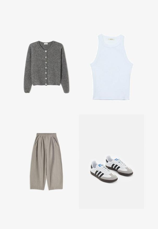 Sivkasta volnenega kardigana z okroglim izrezom, ki ima sedem sprednjih gumbov in mehak, teksturiran zaključek. Rokavi so nekoliko ohlapni.; Bela majica bez rukavov, rebrasta tekstura, okrugli izrez, kroj koji prati tijelo, suptilno brendiranje na etiketi unutar ovratnika.; Sive široke hlače iz mehkega blaga, z elastičnim pasom in dvema stranskima žepoma, z enostavnim in minimalističnim dizajnom.; Športni čevlji z belim usnjenim zgornjim delom, sivim semišem na prstih in tremi črnimi črtami. Imajo modro logo na jeziku in teksturiran gumijast podplat.