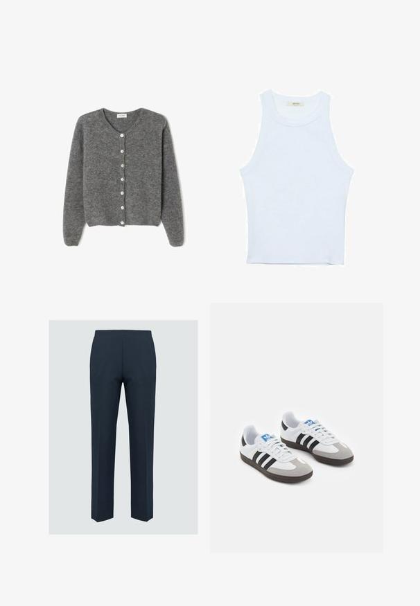 Gray wool cardigan with a round neckline, featuring seven front buttons and a soft, textured finish. Sleeves are slightly loose.; White tank top, ribbed texture, round neckline, sleeveless design, fitted shape, subtle branding on the label inside the collar area.; Navy trousers with a straight-leg design, made from smooth fabric, featuring a flat front and no visible stitching or pockets.; Sport shoes with a white leather upper, gray suede toe, and three black stripes. Features a blue logo on the tongue and a textured rubber sole.