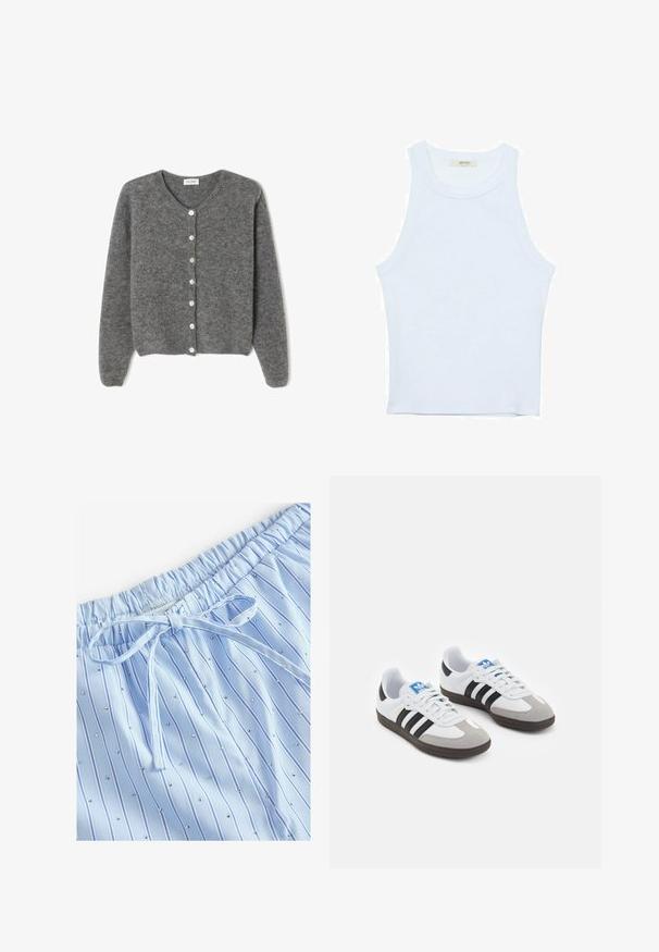 Harmaa villaneule, jossa on pyöreä kaula-aukko, seitsemällä etunapilla ja pehmeällä, teksturoidulla pinnalla. Hihat ovat hieman löysät.; Valkoinen hihaton toppi, ribbed rakenne, pyöreä pääntie, hihaton malli, tiukka muoto, hillitty brändäys kauluksella sisäpuolella.; Vaaleansiniset yöpaidat, joissa on pystysuorat raidat ja pieniä heijastavia niittejä. Joustava vyötärö, jossa on kiristysnauha säätöä varten.; Urheilukengät, joissa on valkoinen nahkainen päällinen, harmaa mokkanokka ja kolme mustaa raitaa. Ominaisuuksina sininen logo kielekkeessä ja kuvioitu kumipohja.