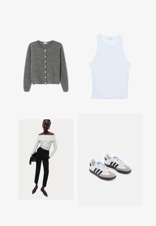 Šedý vlněný kardigan s kulatým výstřihem, který má sedm předních knoflíků a měkký, texturovaný povrch. Rukávy jsou mírně volné.; Bílý top bez rukávů, žebrovaná textura, kulatý výstřih, obtáhnutý střih, decentní značka na štítku uvnitř oblasti límce.; Bílý top s odhalenými rameny z texturované tkaniny, v kombinaci s černými kalhotami s vysokým pasem a špičatými černými balerínami, zatímco drží černou tašku.; Sportovní boty s bílým koženým svrškem, šedou semišovou špičkou a třemi černými pruhy. Obsahují modré logo na jazyku a texturovanou gumovou podrážku.