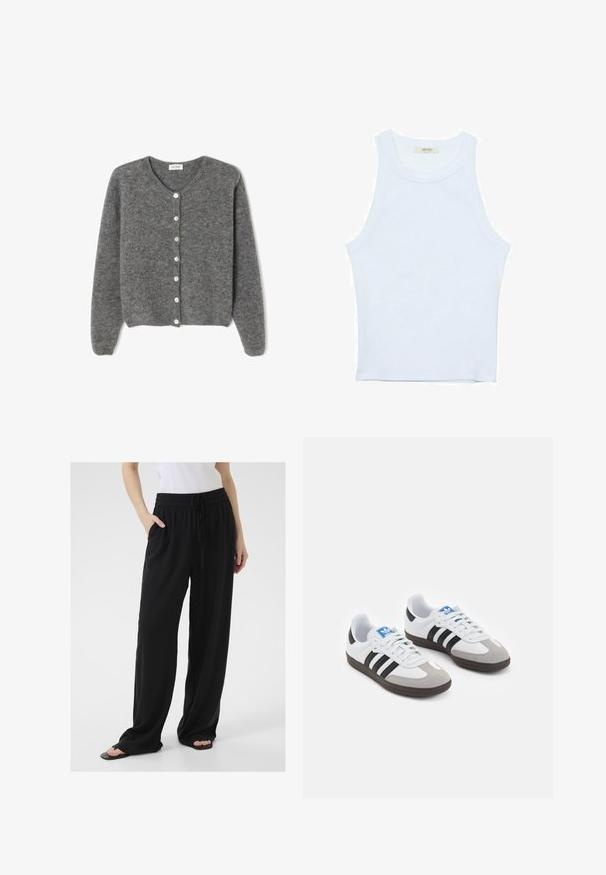 Harmaa villaneule, jossa on pyöreä kaula-aukko, seitsemällä etunapilla ja pehmeällä, teksturoidulla pinnalla. Hihat ovat hieman löysät.; Valkoinen hihaton toppi, ribbed rakenne, pyöreä pääntie, hihaton malli, tiukka muoto, hillitty brändäys kauluksella sisäpuolella.; Mustat, väljästi istuvat housut pehmeästä kankaasta, jossa on joustava vyötärö, säädettävä nyöri ja sivutaskut. Muttahratt hoikka lahkeiden muotoilu.; Urheilukengät, joissa on valkoinen nahkainen päällinen, harmaa mokkanokka ja kolme mustaa raitaa. Ominaisuuksina sininen logo kielekkeessä ja kuvioitu kumipohja.