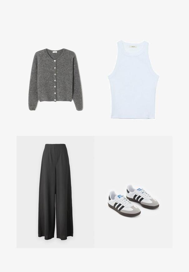 Sivý vlnený kardigán s okrúhlym výstrihom, s vydaním sedem predných gombíkov a jemným, textúrovaným povrchom. Rukávy sú mierne voľné.; Biele tielko, rebrový textúra, okrúhly výstrih, bezrukávový dizajn, priliehavý strih, diskrétne logo na štítku vo vnútri oblasti goliera.; Čierne nohavice širokého strihu vyrobené z hladkej textílie, s vysokým pásom a skladaným dizajnom pre zvýšenú textúru a rozmer.; Športové topánky s bielym koženým zvrškom, šedou semišovou špičkou a tromi čiernymi pruhmi. Obsahujú modré logo na jazyku a štruktúrovanú gumovú podrážku.