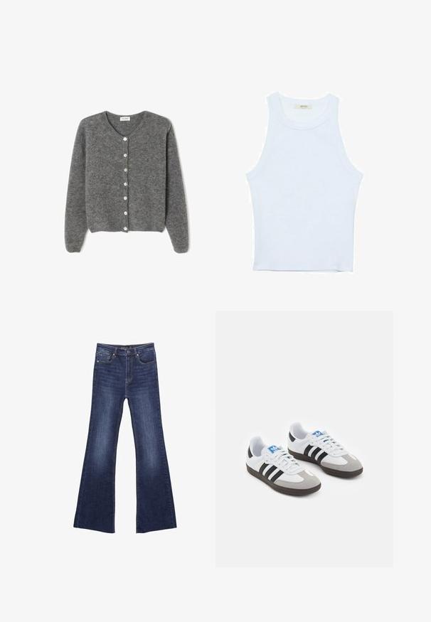 Sivý vlnený kardigán s okrúhlym výstrihom, s vydaním sedem predných gombíkov a jemným, textúrovaným povrchom. Rukávy sú mierne voľné.; Biele tielko, rebrový textúra, okrúhly výstrih, bezrukávový dizajn, priliehavý strih, diskrétne logo na štítku vo vnútri oblasti goliera.; Tmavé džínsy so širokým strihom nohavíc, vyrobené z denimovej tkaniny. Obsahujú predné vrecká a zips s uzatváraním na gombík. Priamy pás.; Športové topánky s bielym koženým zvrškom, šedou semišovou špičkou a tromi čiernymi pruhmi. Obsahujú modré logo na jazyku a štruktúrovanú gumovú podrážku.
