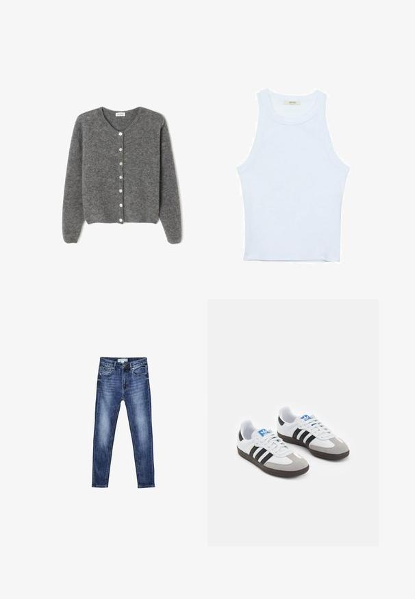 Sivi vuneni kardigan s okruglim izrezom, sa sedam prednjih dugmadi i mekim, teksturiranim završetkom. Rukavi su blago široki.; Bijela majica na bretele, rebrasta tekstura, okrugli izrez, bez rukava, uski kroj, suptilno brendiranje na etiketici unutar područja ovratnika.; Plave izblijedjele uske traperice s pet džepova, zatvaranjem na dugme i oznakom veličine 36 na pojasu.; Sportske cipele s gornjištem od bijele kože, sivi suedinasti nos i tri crne pruge. Imaju plavi logo na jeziku i teksturiranu gumenu podlogu.