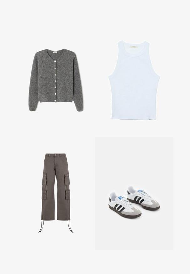 Sivý vlnený kardigán s okrúhlym výstrihom, s vydaním sedem predných gombíkov a jemným, textúrovaným povrchom. Rukávy sú mierne voľné.; Biele tielko, rebrový textúra, okrúhly výstrih, bezrukávový dizajn, priliehavý strih, diskrétne logo na štítku vo vnútri oblasti goliera.; Cargo nohavice v tmavo šedej farbe, vyrobené z odolnej tkaniny. Obsahujú šesť vreciek, široké nohavice a nastaviteľné šnúrky na leme.; Športové topánky s bielym koženým zvrškom, šedou semišovou špičkou a tromi čiernymi pruhmi. Obsahujú modré logo na jazyku a štruktúrovanú gumovú podrážku.