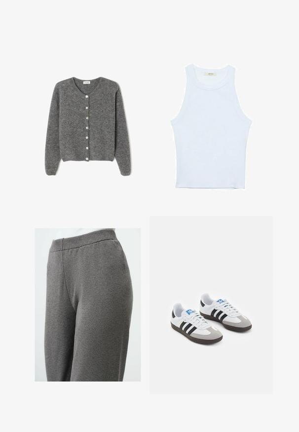 Gray wool cardigan with a round neckline, featuring seven front buttons and a soft, textured finish. Sleeves are slightly loose.; White tank top, ribbed texture, round neckline, sleeveless design, fitted shape, subtle branding on the label inside the collar area.; Gray casual pants made of soft cotton blend, featuring a ribbed waistband, straight leg design, and smooth texture with no visible patterns.; Sport shoes with a white leather upper, gray suede toe, and three black stripes. Features a blue logo on the tongue and a textured rubber sole.