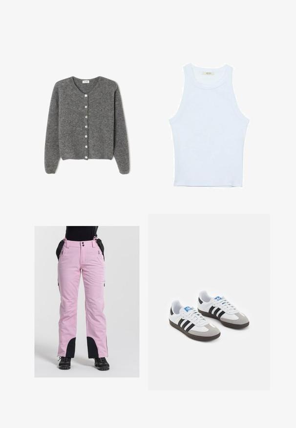 Harmaa villaneule, jossa on pyöreä kaula-aukko, seitsemällä etunapilla ja pehmeällä, teksturoidulla pinnalla. Hihat ovat hieman löysät.; Valkoinen hihaton toppi, ribbed rakenne, pyöreä pääntie, hihaton malli, tiukka muoto, hillitty brändäys kauluksella sisäpuolella.; Vaaleanpunaiset vedenpitävät hiihtohousut mustilla yksityiskohdilla ja vetoketjuilla. Ominaisuuksiin kuuluvat vahvistetut alaleet sekä rento istuvuus mukavuutta ja liikkuvuutta varten.; Urheilukengät, joissa on valkoinen nahkainen päällinen, harmaa mokkanokka ja kolme mustaa raitaa. Ominaisuuksina sininen logo kielekkeessä ja kuvioitu kumipohja.