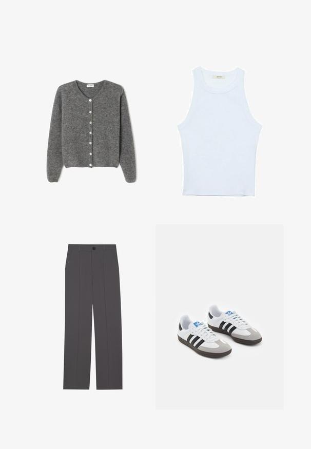 Grijze wollen cardigan met een ronde halslijn, voorzien van zeven knopen aan de voorkant en een zachte, gestructureerde afwerking. De mouwen zijn iets los.; Witte tanktop, geribbelde textuur, ronde halslijn, mouwloos ontwerp, aansluitende vorm, subtiele branding op het label binnenin de kraag.; Grijze broek met een recht model, voorzien van twee zijzakken en een knoopsluiting. Gladde stof zonder zichtbare patronen of accenten.; Sportschoenen met een witte leren bovenkant, grijze suède neus en drie zwarte strepen. Bevat een blauw logo op de tong en een gestructureerde rubberen zool.