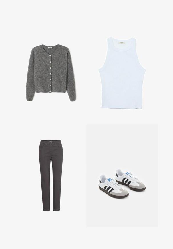 Sivi vuneni kardigan s okruglim izrezom, sa sedam prednjih dugmadi i mekim, teksturiranim završetkom. Rukavi su blago široki.; Bijela majica na bretele, rebrasta tekstura, okrugli izrez, bez rukava, uski kroj, suptilno brendiranje na etiketici unutar područja ovratnika.; Tamno sivi traperice ravnog kroja, s prednjim džepovima i kopčanjem na dugme. Materal ima glatku teksturu i minimalne hardverske detalje.; Sportske cipele s gornjištem od bijele kože, sivi suedinasti nos i tri crne pruge. Imaju plavi logo na jeziku i teksturiranu gumenu podlogu.