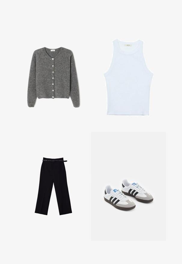 Harmaa villaneule, jossa on pyöreä kaula-aukko, seitsemällä etunapilla ja pehmeällä, teksturoidulla pinnalla. Hihat ovat hieman löysät.; Valkoinen hihaton toppi, ribbed rakenne, pyöreä pääntie, hihaton malli, tiukka muoto, hillitty brändäys kauluksella sisäpuolella.; Mustat, leveät housut, joissa on sileä pinta. Varustettu istuvalla vyötäröllä, vyölenkeillä ja etutaskuilla.; Urheilukengät, joissa on valkoinen nahkainen päällinen, harmaa mokkanokka ja kolme mustaa raitaa. Ominaisuuksina sininen logo kielekkeessä ja kuvioitu kumipohja.