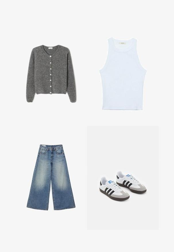 Sivkasta volnenega kardigana z okroglim izrezom, ki ima sedem sprednjih gumbov in mehak, teksturiran zaključek. Rokavi so nekoliko ohlapni.; Bela majica bez rukavov, rebrasta tekstura, okrugli izrez, kroj koji prati tijelo, suptilno brendiranje na etiketi unutar ovratnika.; Široke izbledene modre denim hlače z visokim pasom, petimi žepi in zvezdastim vložkom na sprednjem desnem žepu.; Športni čevlji z belim usnjenim zgornjim delom, sivim semišem na prstih in tremi črnimi črtami. Imajo modro logo na jeziku in teksturiran gumijast podplat.