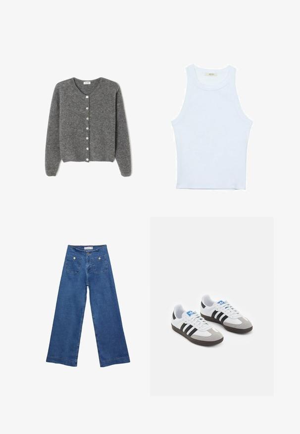 Šedý vlněný kardigan s kulatým výstřihem, který má sedm předních knoflíků a měkký, texturovaný povrch. Rukávy jsou mírně volné.; Bílý top bez rukávů, žebrovaná textura, kulatý výstřih, obtáhnutý střih, decentní značka na štítku uvnitř oblasti límce.; Džínové kalhoty širokého střihu s středně modrým omakem, dvěma předními kapsami se zapínáním na knoflíky a prošíváním podél lemů.; Sportovní boty s bílým koženým svrškem, šedou semišovou špičkou a třemi černými pruhy. Obsahují modré logo na jazyku a texturovanou gumovou podrážku.