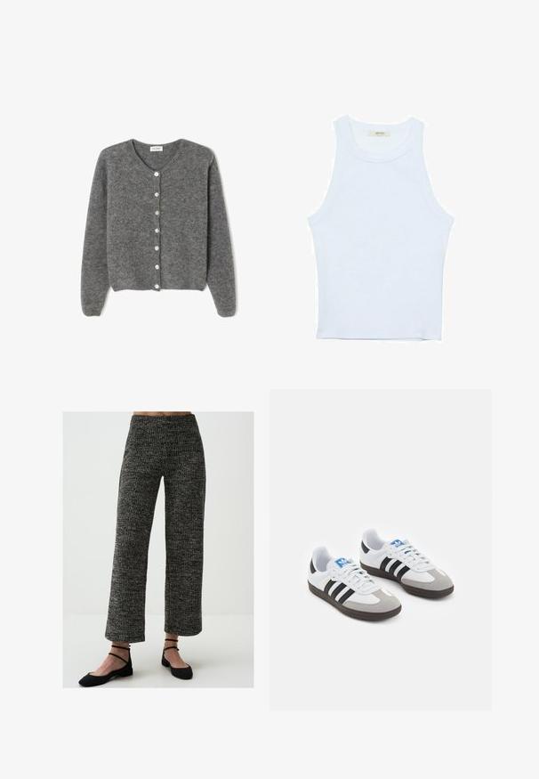 Szary wełniany kardigan z okrągłym dekoltem, z siedmioma guzikami z przodu i miękkim, teksturowanym wykończeniem. Rękawy są nieco luźne.; Biały top bez rękawów, prążkowana tekstura, okrągły dekolt, dopasowany krój, subtelne logo na metce wewnątrz obszaru kołnierza.; Szerokie, dzianinowe spodnie w czarno-białym wzorze. Posiadają wysoki stan i prążkowaną strukturę. Połączone z czarnymi, płaskimi butami.; Buty sportowe z białą skórzaną cholewką, szarym zamszowym noskiem i trzema czarnymi paskami. Posiadają niebieskie logo na języku oraz teksturowaną gumową podeszwę.