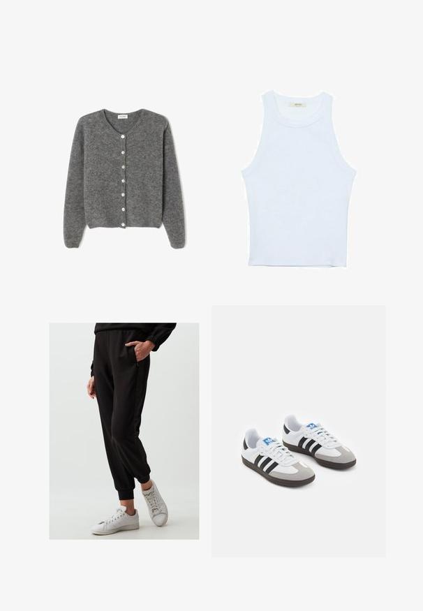Grijze wollen cardigan met een ronde halslijn, voorzien van zeven knopen aan de voorkant en een zachte, gestructureerde afwerking. De mouwen zijn iets los.; Witte tanktop, geribbelde textuur, ronde halslijn, mouwloos ontwerp, aansluitende vorm, subtiele branding op het label binnenin de kraag.; Zwarte joggingbroek van zacht materiaal met elastische boorden en zijzakken, gecombineerd met witte sneakers. Soepele textuur, eenvoudig ontwerp.; Sportschoenen met een witte leren bovenkant, grijze suède neus en drie zwarte strepen. Bevat een blauw logo op de tong en een gestructureerde rubberen zool.
