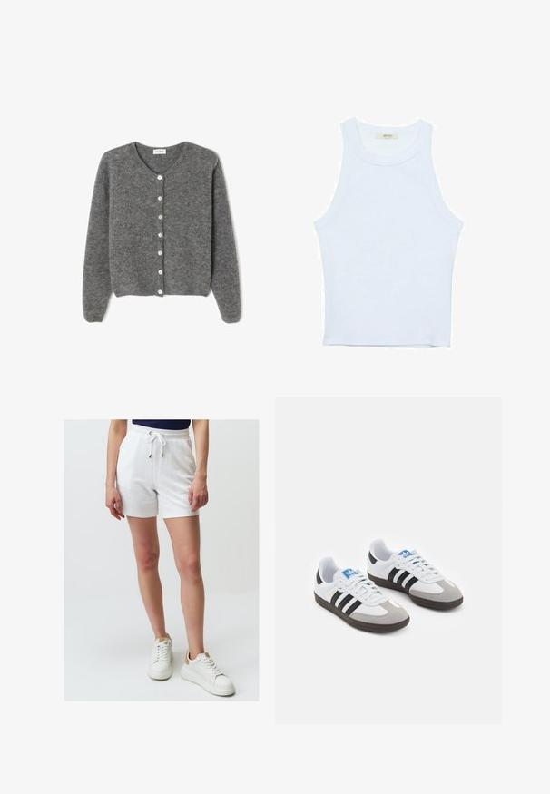 Cardigan grigio in lana con scollo rotondo, caratterizzato da sette bottoni frontali e una finitura morbida e testurizzata. Le maniche sono leggermente ampie.; Canotta bianca, texture a coste, scollatura rotonda, design senza maniche, forma aderente, branding sottile sull'etichetta all'interno dell'area del colletto.; Pantaloni corti in cotone bianco con vita regolabile, caratterizzati da accessori in oro, abbinati a sneakers bianche con un accentuazione beige sul tallone.; Scarpe sportive con tomaia in pelle bianca, punta in suede grigia e tre strisce nere. Presentano un logo blu sulla linguetta e una suola in gomma testurizzata.