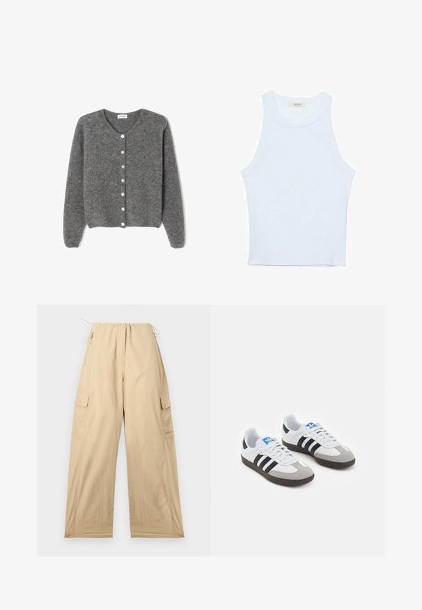 Grå ullcardigan med rund halsringning, som har sju framknappar och en mjuk, strukturerad yta. Ärmarna är något lösa.; Vit linne med ribbat mönster, rund halsringning, ärmlös design, figurnära passform, diskret logotyp på etiketten inuti halsringningen.; Beige cargobyxor med en avslappnad passform, utrustade med dragsko i midjan, två sidofickor och ett mjukt, lätt material.; Sportskor med överdel i vit läder, grå mocka på tårna och tre svarta ränder. Har en blå logotyp på tungan och en texturerad gummisula.