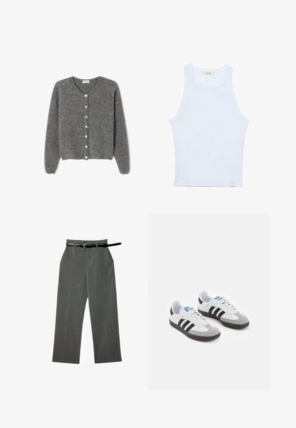 Grau gestrickte Wolle-Cardigan mit rundem Ausschnitt, ausgestattet mit sieben Vorderknöpfen und einer weichen, strukturierten Oberfläche. Die Ärmel sind leicht weit.; Weißes Tanktop, gerippte Textur, runder Ausschnitt, ärmelloses Design, enganliegende Form, dezente Markenkennzeichnung im Etikett im Kragenbereich.; Graue, gewebte Hosen mit geradem Bein, ausgestattet mit einem passenden Gürtel und einem dezenten vertikalen Streifenmuster.; Sportschuhe mit einem Obermaterial aus weißem Leder, grauer Wildleder-Zehenkappe und drei schwarzen Streifen. Sie verfügen über ein blaues Logo auf der Zunge und eine strukturierte Gummisohle.