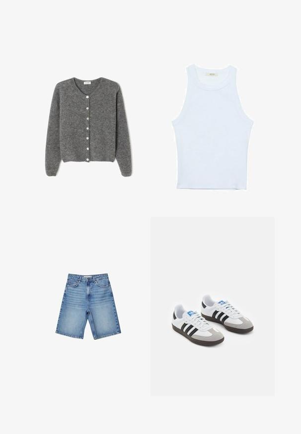 Harmaa villaneule, jossa on pyöreä kaula-aukko, seitsemällä etunapilla ja pehmeällä, teksturoidulla pinnalla. Hihat ovat hieman löysät.; Valkoinen hihaton toppi, ribbed rakenne, pyöreä pääntie, hihaton malli, tiukka muoto, hillitty brändäys kauluksella sisäpuolella.; Vaaleansiniset farkkushortsit, joissa on klassinen viiden taskun muotoilu, vetoketjukiinnitys ja hillitty haalistuminen. Suora leikkaus, jossa on viimeistellyt reunat.; Urheilukengät, joissa on valkoinen nahkainen päällinen, harmaa mokkanokka ja kolme mustaa raitaa. Ominaisuuksina sininen logo kielekkeessä ja kuvioitu kumipohja.