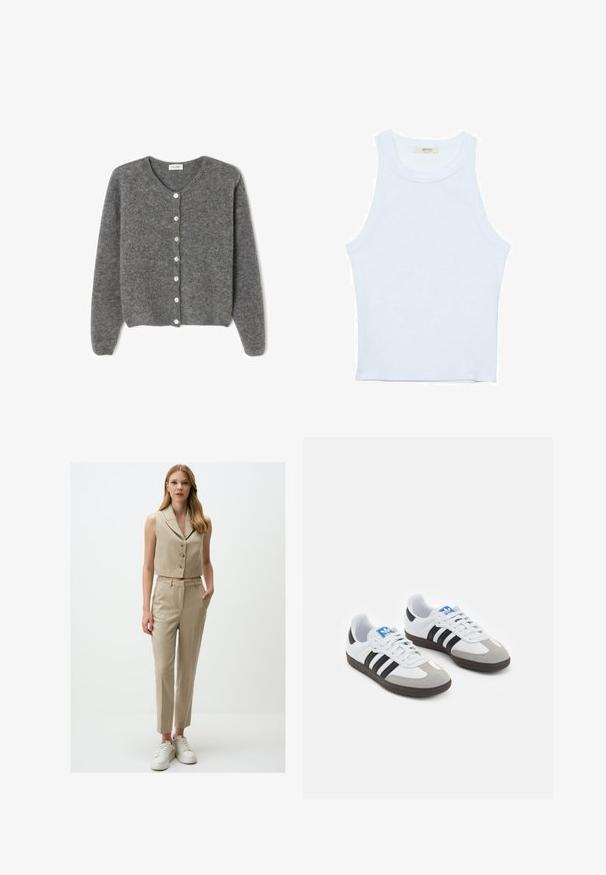 Cardigan grigio in lana con scollo rotondo, caratterizzato da sette bottoni frontali e una finitura morbida e testurizzata. Le maniche sono leggermente ampie.; Canotta bianca, texture a coste, scollatura rotonda, design senza maniche, forma aderente, branding sottile sull'etichetta all'interno dell'area del colletto.; Blazer corto senza maniche beige con quattro bottoni abbinato a pantaloni sartoriali coordinati. Le scarpe sono sneakers bianche. Tessuto dalla texture liscia.; Scarpe sportive con tomaia in pelle bianca, punta in suede grigia e tre strisce nere. Presentano un logo blu sulla linguetta e una suola in gomma testurizzata.