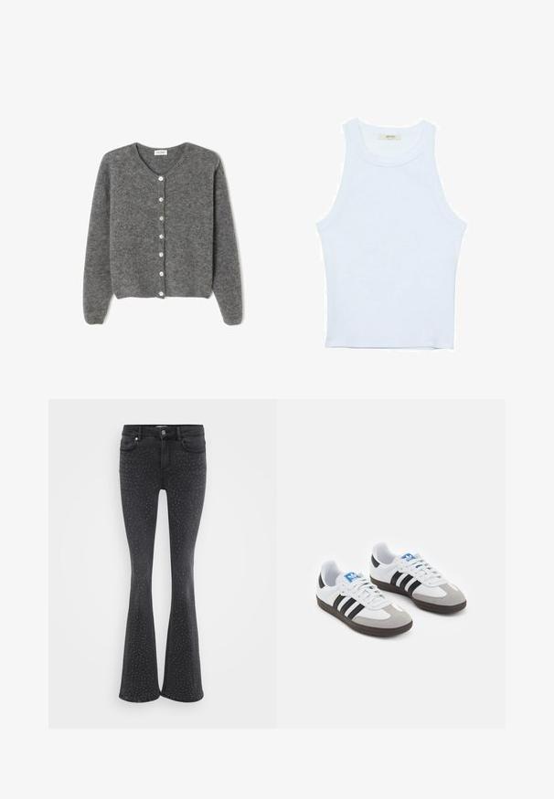 Šedý vlněný kardigan s kulatým výstřihem, který má sedm předních knoflíků a měkký, texturovaný povrch. Rukávy jsou mírně volné.; Bílý top bez rukávů, žebrovaná textura, kulatý výstřih, obtáhnutý střih, decentní značka na štítku uvnitř oblasti límce.; Černé rozšířené džíny vyrobené z denimu, s kovovými ozdobnými cvoky po celém povrchu. Pět kapes a přední zapínání na knoflík.; Sportovní boty s bílým koženým svrškem, šedou semišovou špičkou a třemi černými pruhy. Obsahují modré logo na jazyku a texturovanou gumovou podrážku.