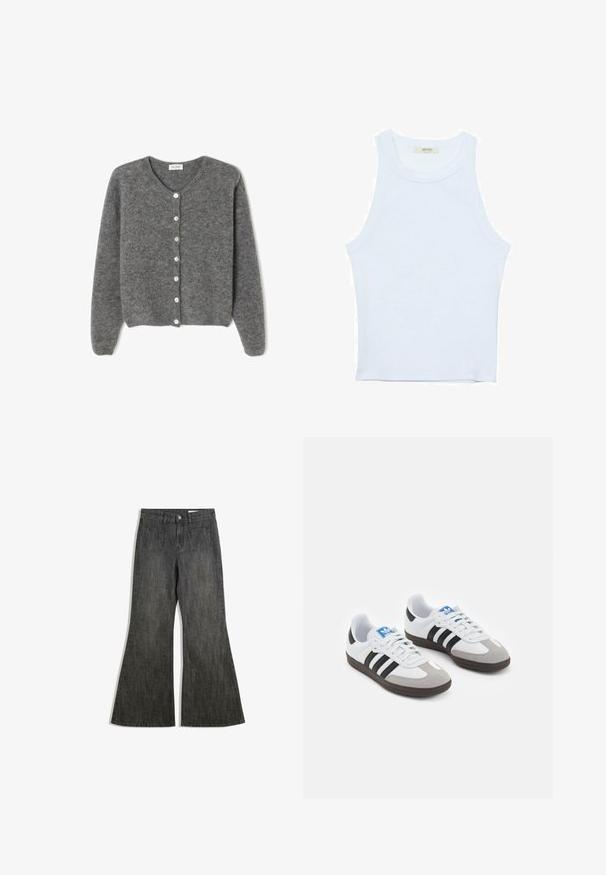 Sivkasta volnenega kardigana z okroglim izrezom, ki ima sedem sprednjih gumbov in mehak, teksturiran zaključek. Rokavi so nekoliko ohlapni.; Bela majica bez rukavov, rebrasta tekstura, okrugli izrez, kroj koji prati tijelo, suptilno brendiranje na etiketi unutar ovratnika.; Črne flare kavbojke z visokim pasom, ki imajo dva sprednja in dva zadnja žepa, izdelane iz strukturiranega jeansa.; Športni čevlji z belim usnjenim zgornjim delom, sivim semišem na prstih in tremi črnimi črtami. Imajo modro logo na jeziku in teksturiran gumijast podplat.
