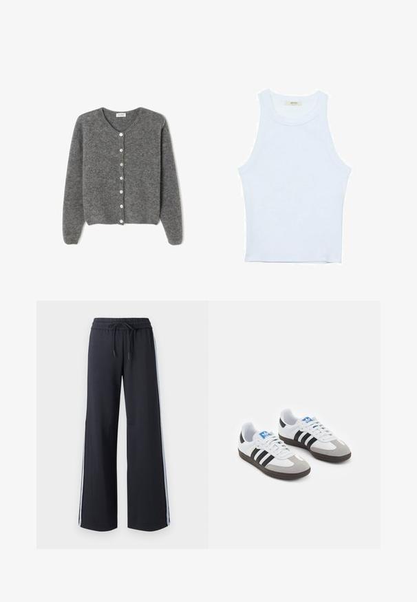 Harmaa villaneule, jossa on pyöreä kaula-aukko, seitsemällä etunapilla ja pehmeällä, teksturoidulla pinnalla. Hihat ovat hieman löysät.; Valkoinen hihaton toppi, ribbed rakenne, pyöreä pääntie, hihaton malli, tiukka muoto, hillitty brändäys kauluksella sisäpuolella.; Mustat leveät housut, joissa on joustava vyötärö ja naru. Varustettu sinisillä sivupinnoilla ja sileällä, pehmeällä tekstuurilla.; Urheilukengät, joissa on valkoinen nahkainen päällinen, harmaa mokkanokka ja kolme mustaa raitaa. Ominaisuuksina sininen logo kielekkeessä ja kuvioitu kumipohja.