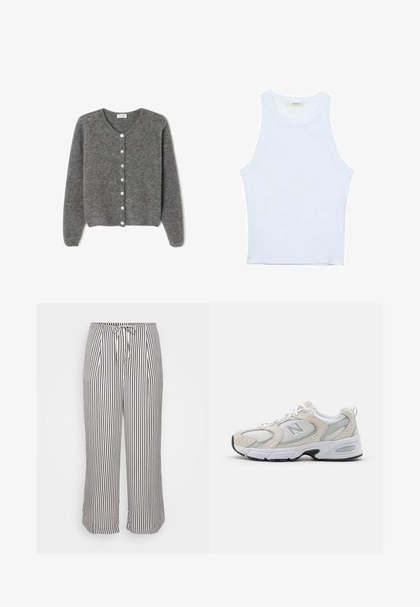 Sivý vlnený kardigán s okrúhlym výstrihom, s vydaním sedem predných gombíkov a jemným, textúrovaným povrchom. Rukávy sú mierne voľné.; Biele tielko, rebrový textúra, okrúhly výstrih, bezrukávový dizajn, priliehavý strih, diskrétne logo na štítku vo vnútri oblasti goliera.; Krátke nohavice s elastickým pásom a šnúrkou, s vertikálnymi námorníckymi a bielymi pruhmi, prezentované na jednofarebnom bielom pozadí.; Športová obuv s hornou časťou zo svetlošedého sieťového materiálu so semišovými akcentmi, bielymi šnúrkami a čiernou gumovou podrážkou. Výrazný detail odpruženia ABZORB.
