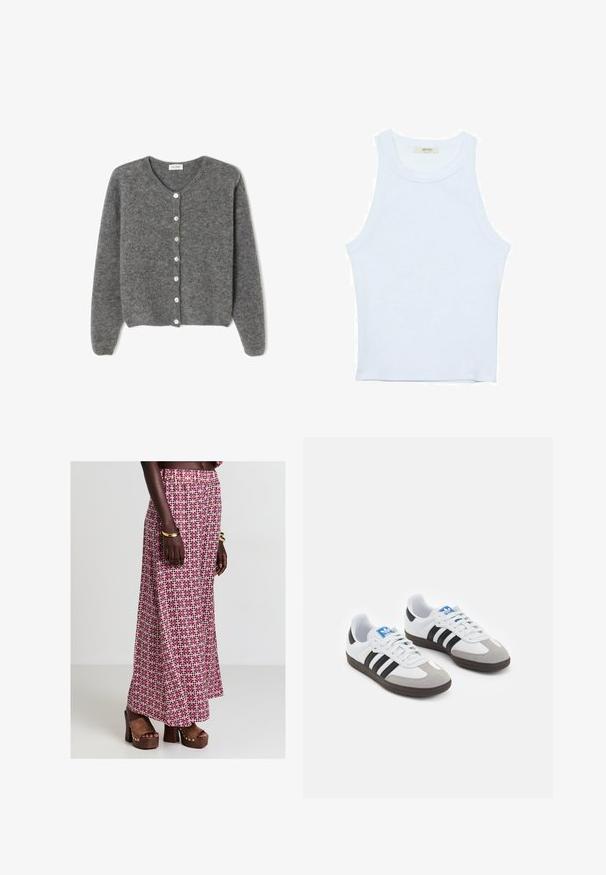 Cardigan grigio in lana con scollo rotondo, caratterizzato da sette bottoni frontali e una finitura morbida e testurizzata. Le maniche sono leggermente ampie.; Canotta bianca, texture a coste, scollatura rotonda, design senza maniche, forma aderente, branding sottile sull'etichetta all'interno dell'area del colletto.; Calliope Pantaloni - var rosa; Scarpe sportive con tomaia in pelle bianca, punta in suede grigia e tre strisce nere. Presentano un logo blu sulla linguetta e una suola in gomma testurizzata.