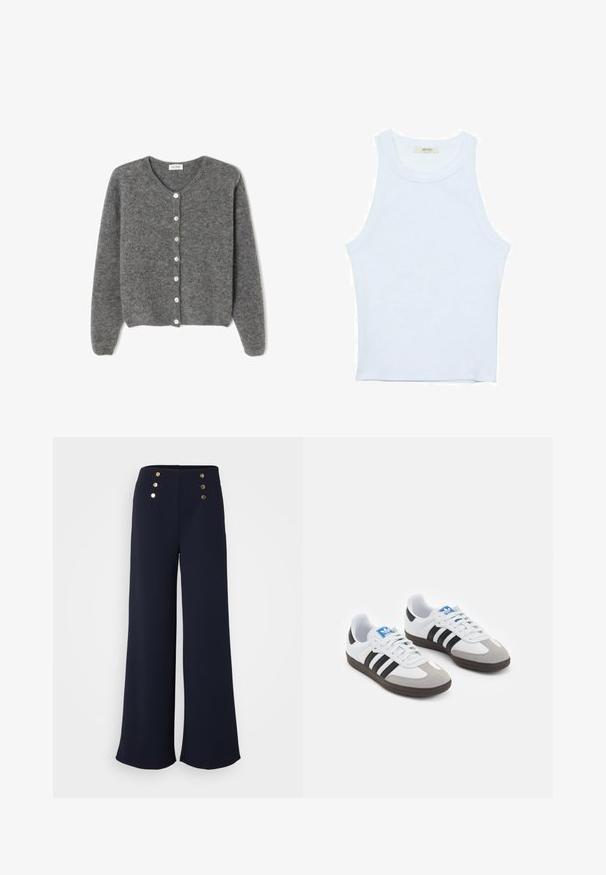 Cardigan en laine grise avec un col rond, comportant sept boutons sur le devant et une finition douce et texturée. Les manches sont légèrement amples.; Débardeur blanc, texture côtelée, encolure ronde, design sans manches, forme ajustée, marque discrète sur l'étiquette à l'intérieur du col.; Pantalons à jambes larges bleu marine en tissu lisse, dotés de quatre accents de boutons dorés au niveau de la taille haute.; Baskets avec une tige en cuir blanc, un bout en daim gris et trois bandes noires. Présente un logo bleu sur la languette et une semelle en caoutchouc texturée.